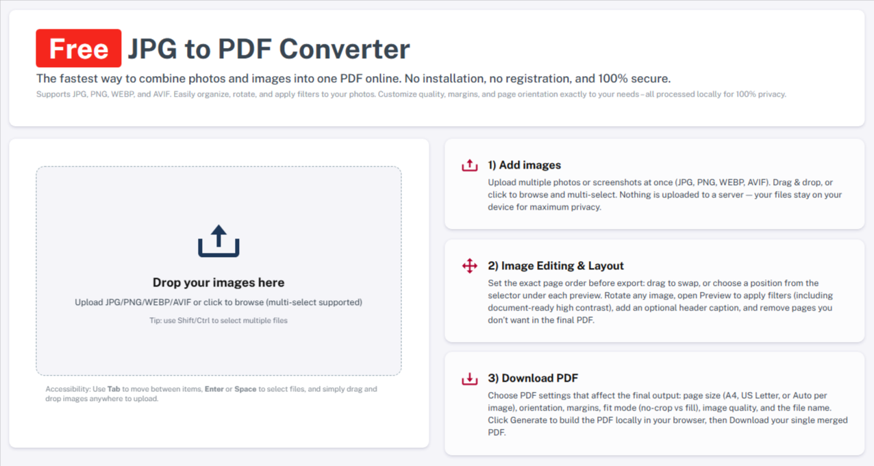 Fast2PDF website screenshot - convert img/photos to PDF document - private